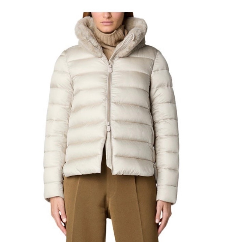 SAVE THE DUCK Mei Faux Fur Collar Puffer Jacket - Cream